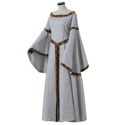 Medieval Women Renaissance Victorian Cosplay Costume Flared Long Sleeve Gold and Brown Trimmed Tie Waist Light Gray Gown Adult Ladies Halloween Christmas Dress