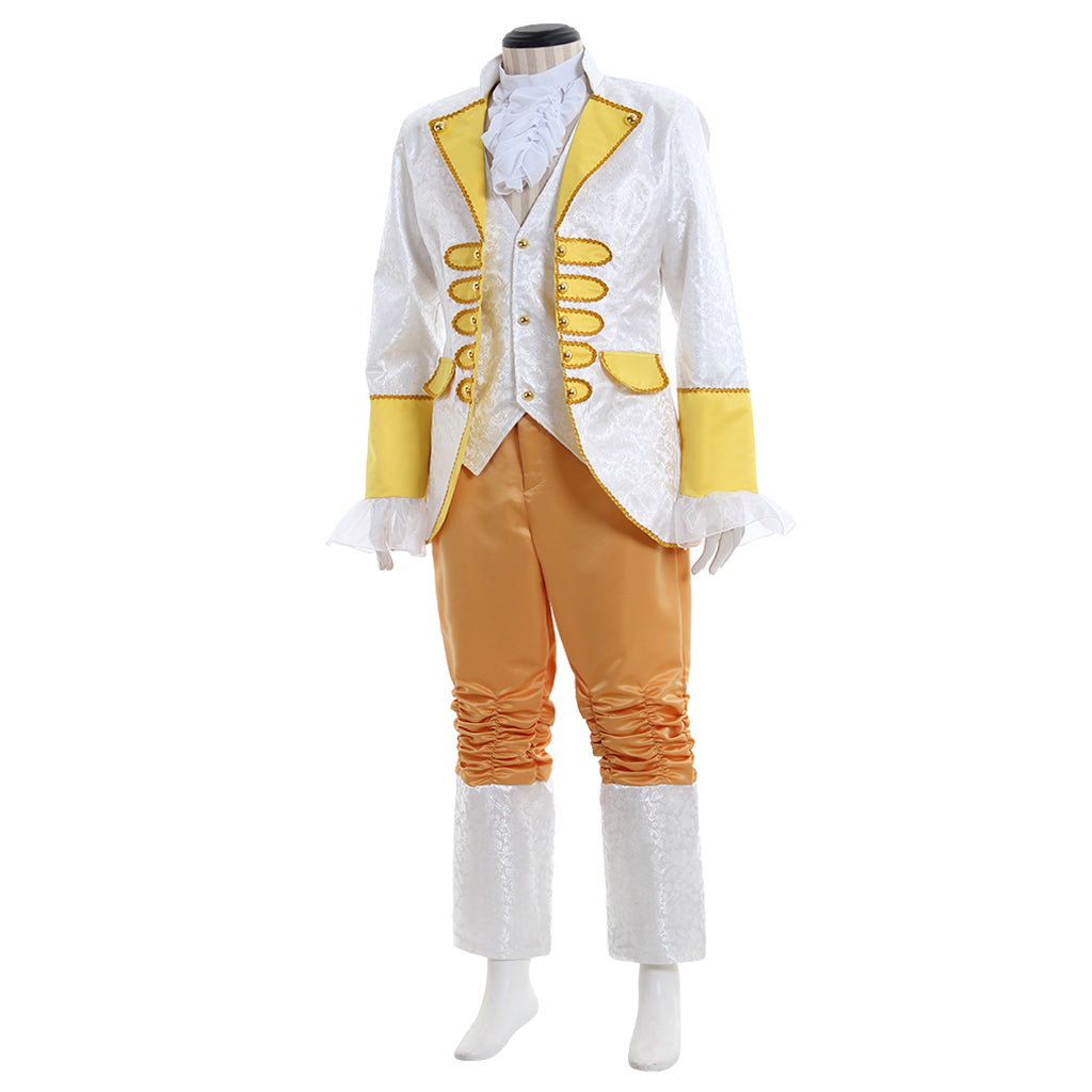 Medieval Men's White and Yellow Court Suit with Gold Accents Costume for Cosplay Themed Events Halloween Christmas or Themed Parties