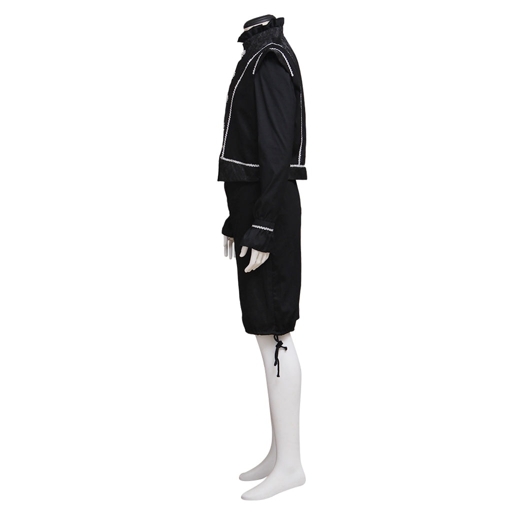 Medieval Men's Black Embellished Jacket with Silver Accents and Black Breeches Costume for Cosplay Renaissance Halloween Themed Events