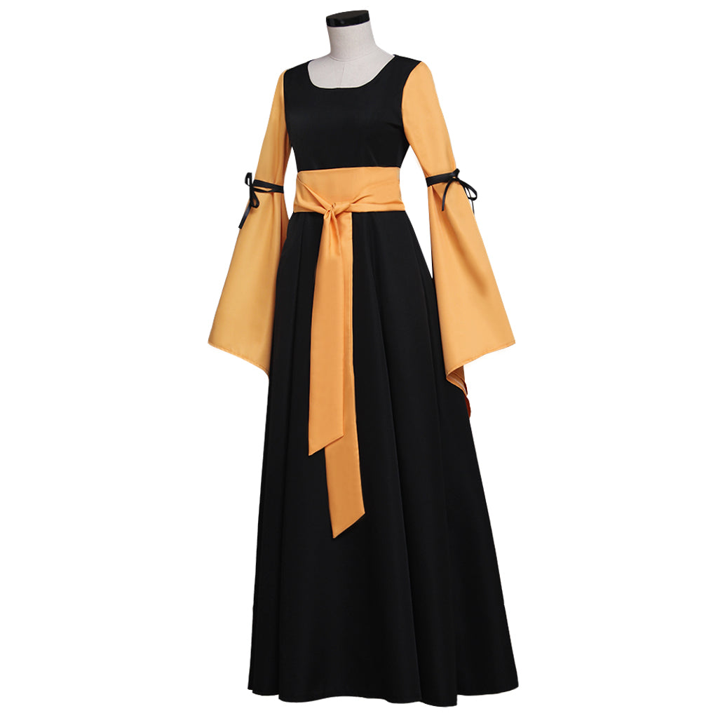 Medieval Vintage Regency Dress Square Neck Black Yellow Gown Medieval Princess Dress Long Sleeve With Bowknot Renaissance Gown With Belt Women Cosplay Costume Adult Ladies Halloween Christmas Dress