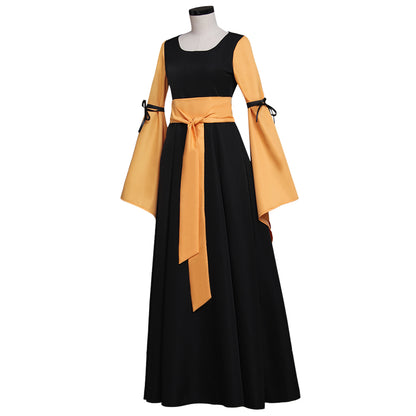 Medieval Vintage Regency Dress Square Neck Black Yellow Gown Medieval Princess Dress Long Sleeve With Bowknot Renaissance Gown With Belt Women Cosplay Costume Adult Ladies Halloween Christmas Dress