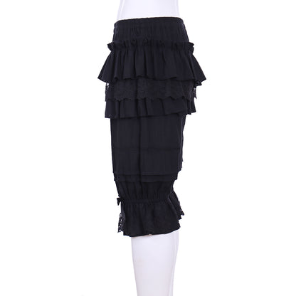 Medieval Gothic Black Lolita Ruffled Bloomers with Multi Layered Lace Trim and Bow-Accented Cuffs