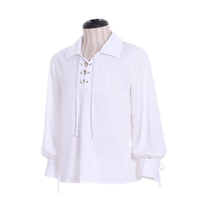 Medieval Men's White Long Sleeve Shirt with Spread Collar and Lace up Neckline for Cosplay Themed Events Halloween Christmas or Parties