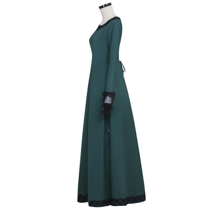 Medieval Women Renaissance Victorian Cosplay Costume Long Sleeve Black Trimmed Teal Gown Adult Ladies Halloween Christmas Dress