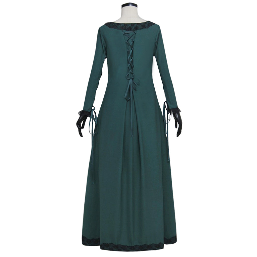 Medieval Women Renaissance Victorian Cosplay Costume Long Sleeve Black Trimmed Teal Gown Adult Ladies Halloween Christmas Dress