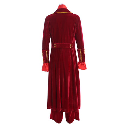 Medieval Men's Red Velvet Long Coat with Gold Trim Ruffled Collar and Cuffs  Matching Pants Costume for Cosplay Themed Events Halloween Christmas or Parties
