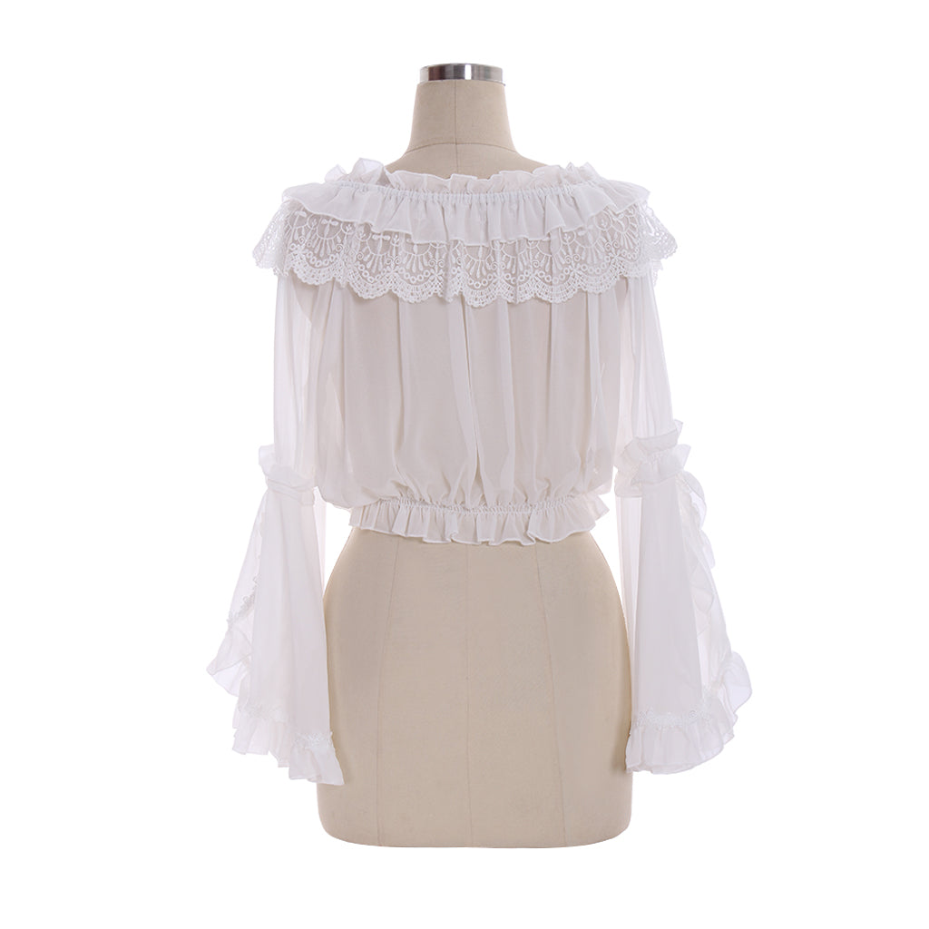 Medieval Gothic White Off-Shoulder Chiffon Crop Top with Lace Ruffled Neckline and Bell Sleeves