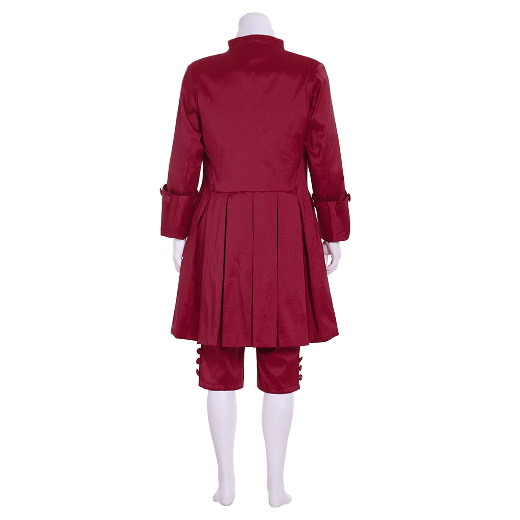 Colonial Men's Red Coat with White Ruffle, Red Waistcoat and Breeches for Cosplay or Themed Events Halloween Christmas or Themed Parties