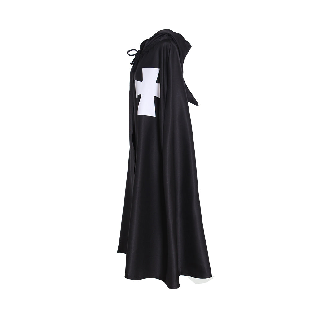 Medieval-Inspired Black Hooded Cloak with White Cross Emblem and Drawstring Closure