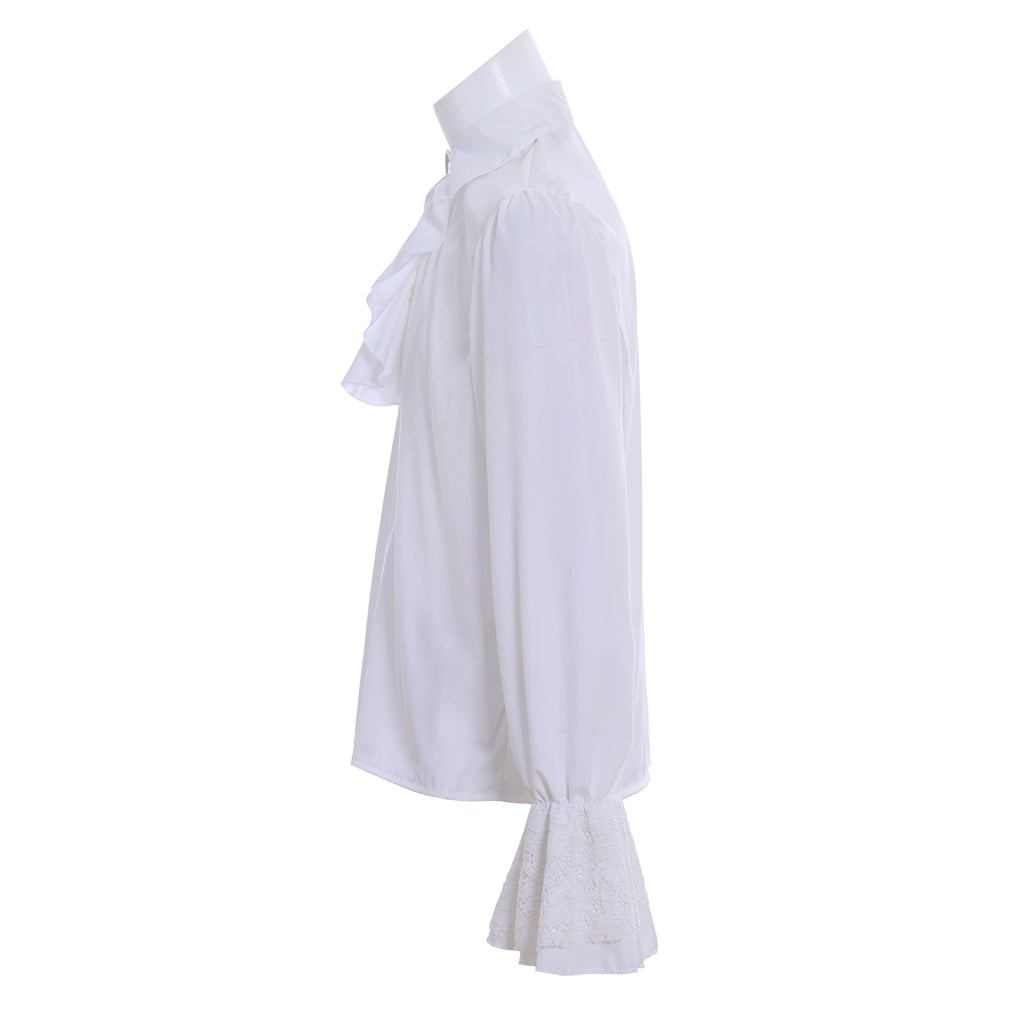 Medieval Victorian Inspired White Ruffled Collar Lace Cuffed Shirt