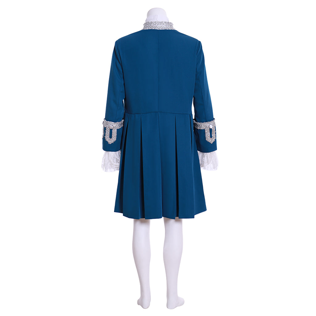 Medieval Teal Blue Court Costume with Silver Ornate Trim and Ruffled Cuffs Cosplay Halloween Christmas