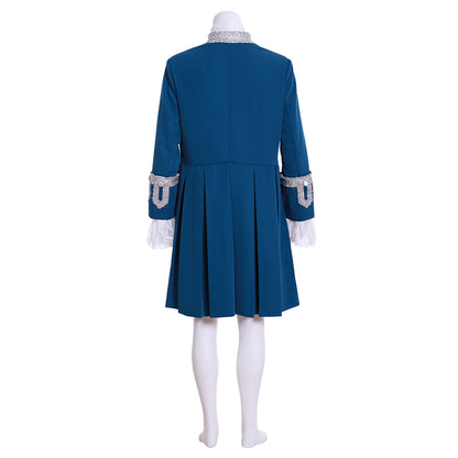 Medieval Teal Blue Court Costume with Silver Ornate Trim and Ruffled Cuffs Cosplay Halloween Christmas