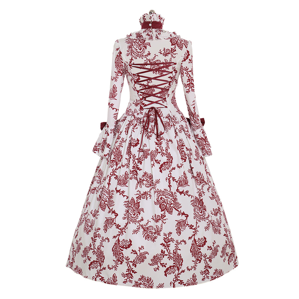 Victorian Gothic Vintage Inspired Dress Party Costume Prom Outfit Princess Shakespeare Burgundy White Floral Patterned Ruffled Cuff Women's Halloween Carnival Valentine's Day Party Evening Party Masquerade Adults' Dress All