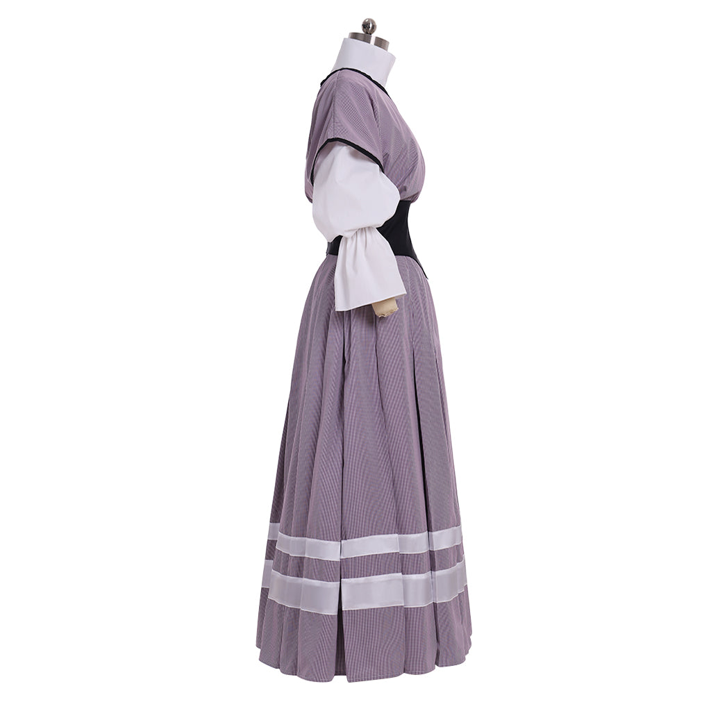 Medieval Women Renaissance Purple With White Stripes And Black Belt Cosplay Costume Adult Vintage Court Puff Sleeve High Waist Maxi Dress Ladies Halloween Christmas