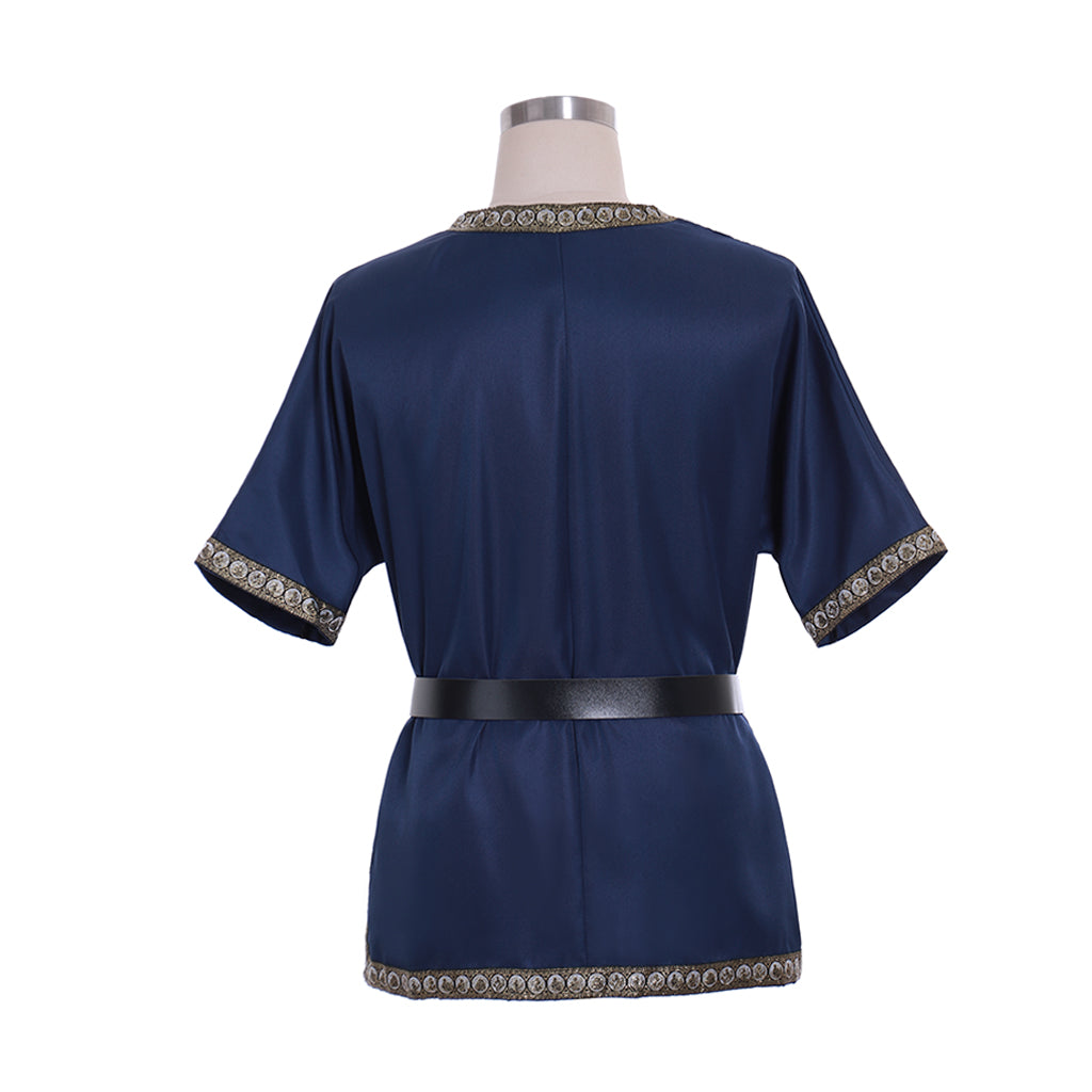 Medieval Men's Black Short  Sleeve Tunic with Gold Embroidered Trim and Black Belt for Cosplay Themed Events  Halloween Christmas or Parties