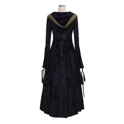 Victorian Gothic Women's Cosplay Dress with Square Neck, Long Sleeves, Lace Up Front and Contrast Trim