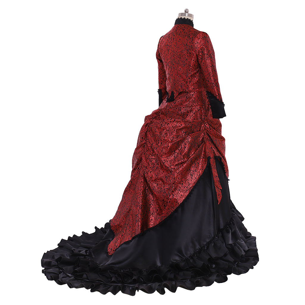 Victorian Rococo Medieval Floor Length Dress Ball Gown Party Costume Princess Patterned Ball Gown Long Sleeve Red Black Women's Halloween Carnival Party Evening Dress Valentine's DayParty Masquerade Adults' Dress All
