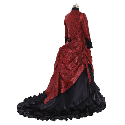 Victorian Rococo Medieval Floor Length Dress Ball Gown Party Costume Princess Patterned Ball Gown Long Sleeve Red Black Women's Halloween Carnival Party Evening Dress Valentine's DayParty Masquerade Adults' Dress All