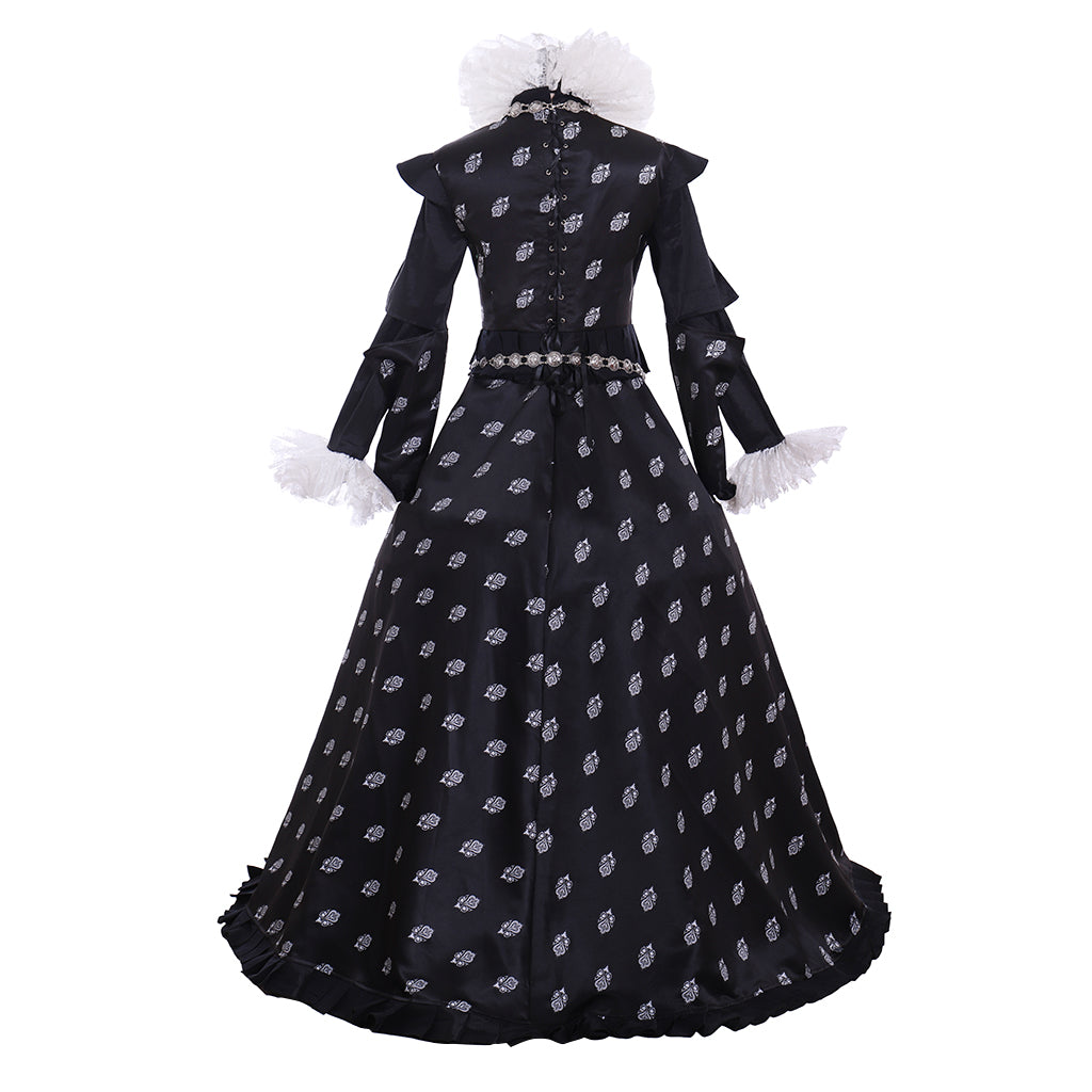 Tudor Dynasty Medieval Court Dress Renaissance Inspired Gown Prom Outfit Black White Polka Dot Ruffled Collar Cuffs Ornate Beaded Detail Women'sHalloween Carnival Valentine's Day Party Evening Dress Masquerade Adults' Dress All