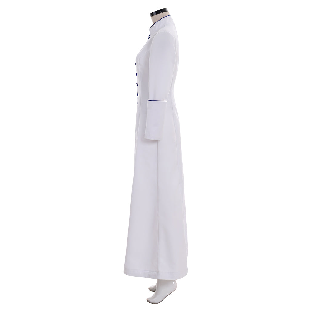 Medieval Renaissance Women's White Cosplay Dress with Stand Up Collar, Long Sleeves, Button  Front Design and Floor  Length Skirt Gothic Ladies Vintage Party Gown
