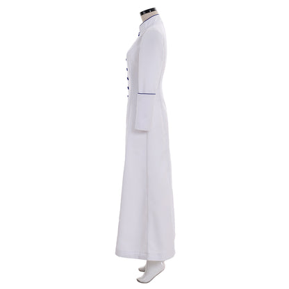 Medieval Renaissance Women's White Cosplay Dress with Stand Up Collar, Long Sleeves, Button  Front Design and Floor  Length Skirt Gothic Ladies Vintage Party Gown