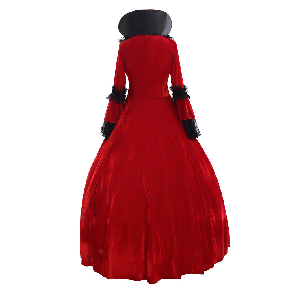Medieval Women Renaissance Red And Black Cosplay Costume Adult Vintage Court Lace Up Bonneted Ruffled Sleeve Square Neck Maxi Dress Ladies Halloween Christmas