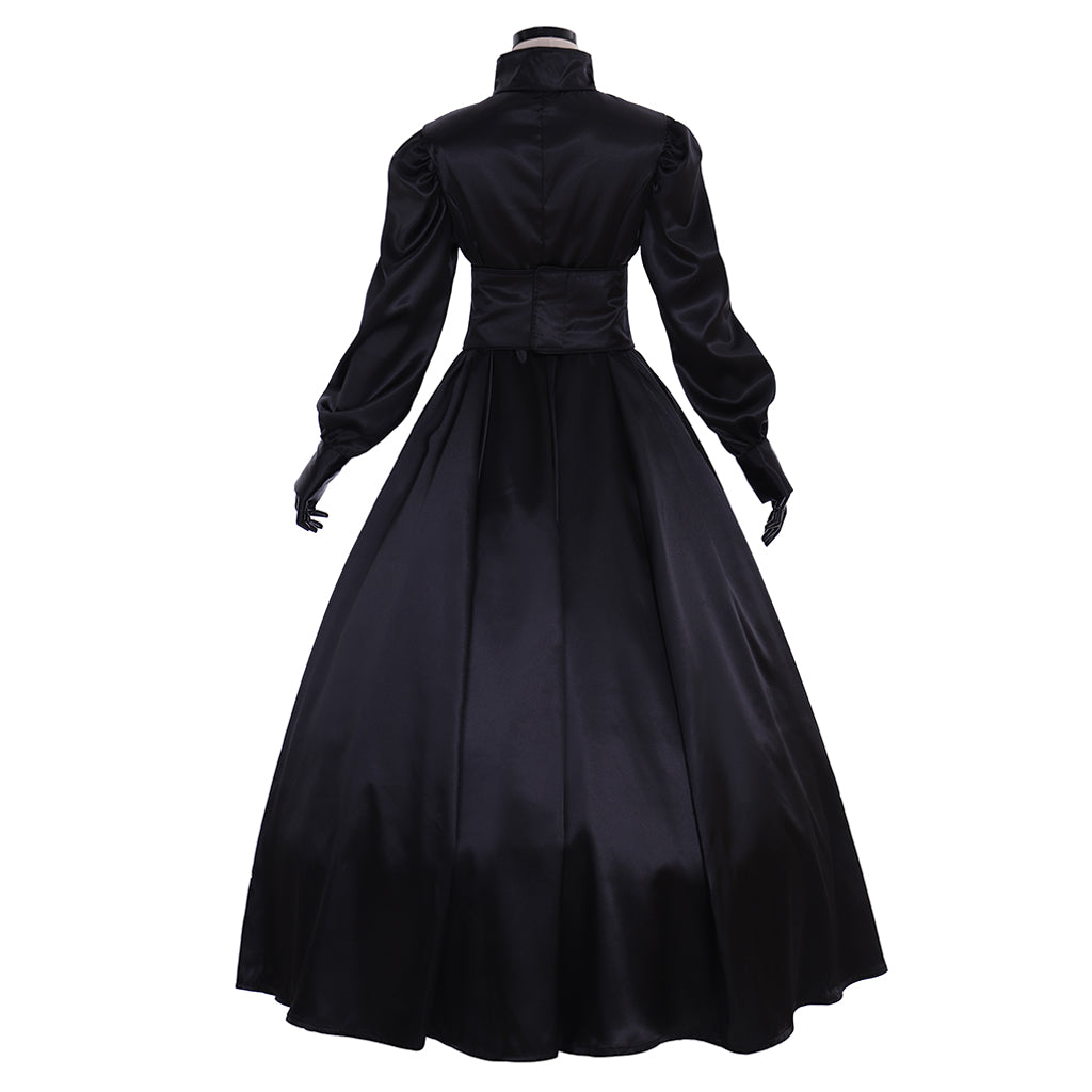 Medieval Gothic Black Satin Ball Gown Puff Sleeve Button Front Waist Cincher Women Adult Renaissance Cosplay Costume Ladies Halloween Christmas Dress