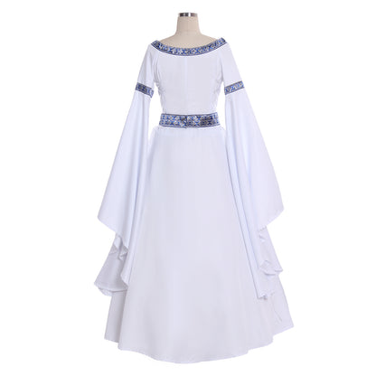 Medieval Women Renaissance White Cosplay Costume Adult Vintage Court Long Sleeve Round Neck Waist Belt Maxi Dress Ladies Halloween Christmas