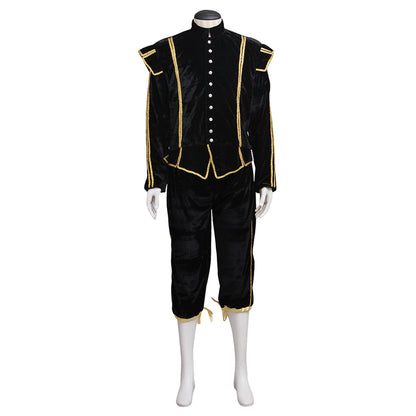 Medieval Men's Black Coat with Gold Trim, White Collar and Black Breeches with Hat Costume for Cosplay Themed Events Halloween Christmas or Themed Parties