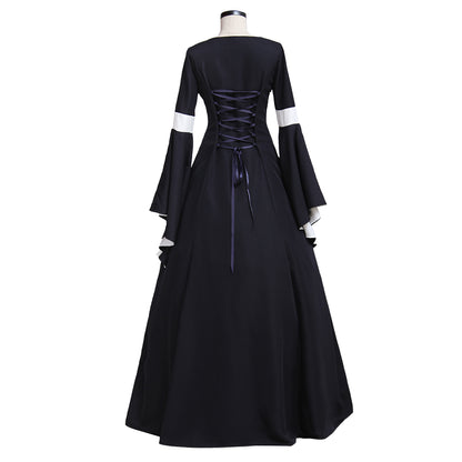 Medieval Women Renaissance Victorian Cosplay Costume Flared Long Sleeve White Trimmed Color Block Black White Lace Up Gown Adult Ladies Halloween Christmas Dress