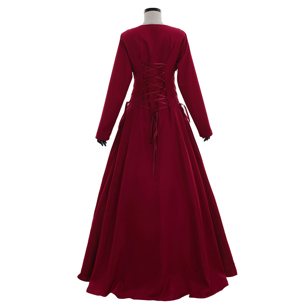 Medieval Women Renaissance Red Cosplay Costume Adult Vintage Court Long Sleeve Square Neck Maxi Dress