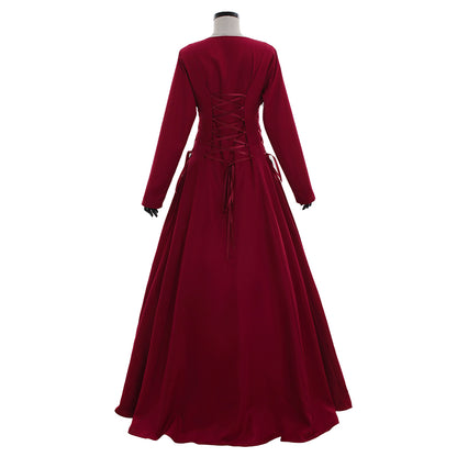 Medieval Women Renaissance Red Cosplay Costume Adult Vintage Court Long Sleeve Square Neck Maxi Dress
