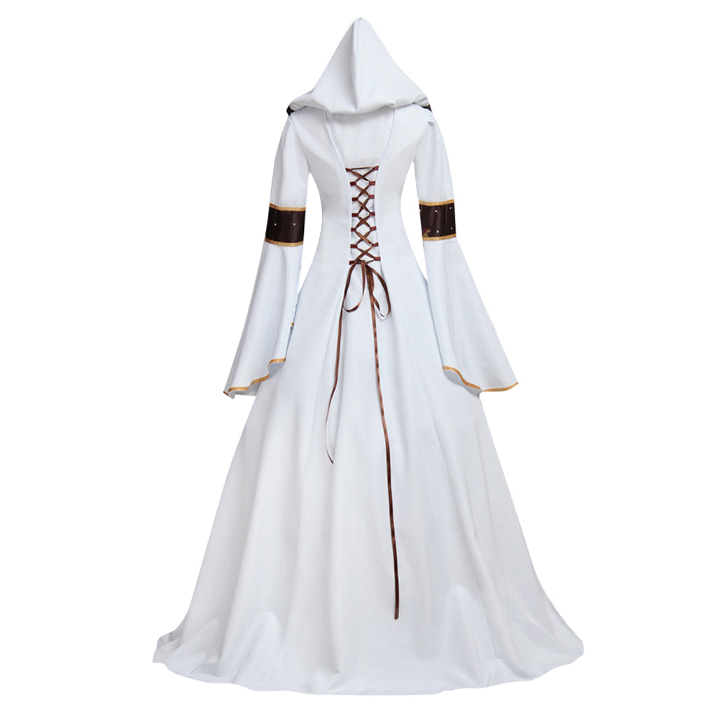 Medieval Women Victorian Renaissance Cosplay Costume Gothic Steampunk Square Neck Flared Sleeve Corset Style Patterned Brown White Gown Adult Ladies Halloween Christmas Dress