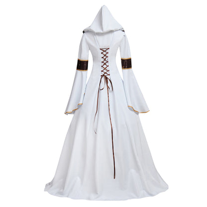 Medieval Women Victorian Renaissance Cosplay Costume Gothic Steampunk Square Neck Flared Sleeve Corset Style Patterned Brown White Gown Adult Ladies Halloween Christmas Dress