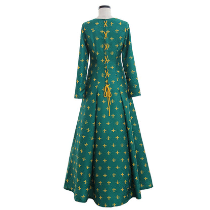 Medieval Women Viking Green With Yellow Cross Patterns Cosplay Costume Adult Renaissance Ancient Gown With Long Sleeves Norse Gothic Ladies Halloween Christmas Dress