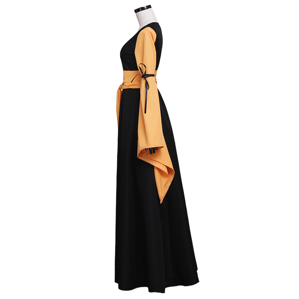 Medieval Vintage Regency Dress Square Neck Black Yellow Gown Medieval Princess Dress Long Sleeve With Bowknot Renaissance Gown With Belt Women Cosplay Costume Adult Ladies Halloween Christmas Dress