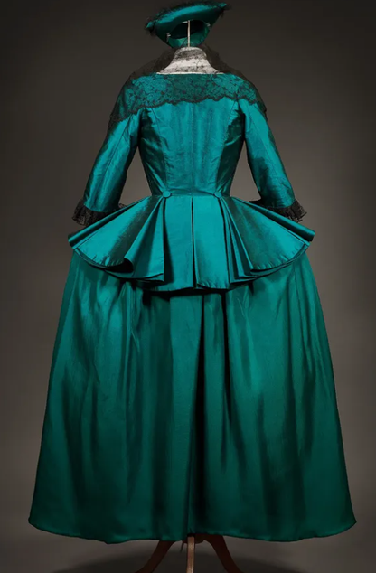 Rococo Style Dark Teal Satin Gown with Bow Embellishments and Layered Skirt for Historical Reenactments Royal Court Halloween Christmas
