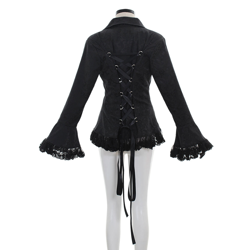 Medieval Gothic Purple Brocade Jacket Flared Sleeves with Black Lace Trim Renaissance Vintage Cosplay Costume Coat