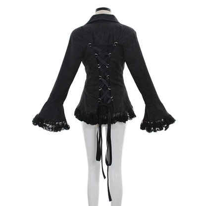 Medieval Gothic Purple Brocade Jacket Flared Sleeves with Black Lace Trim Renaissance Vintage Cosplay Costume Coat