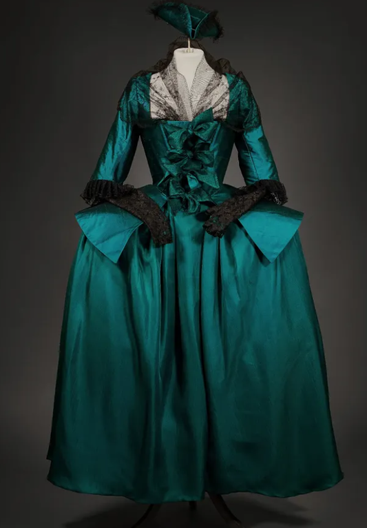 Rococo Style Dark Teal Satin Gown with Bow Embellishments and Layered Skirt for Historical Reenactments Royal Court Halloween Christmas