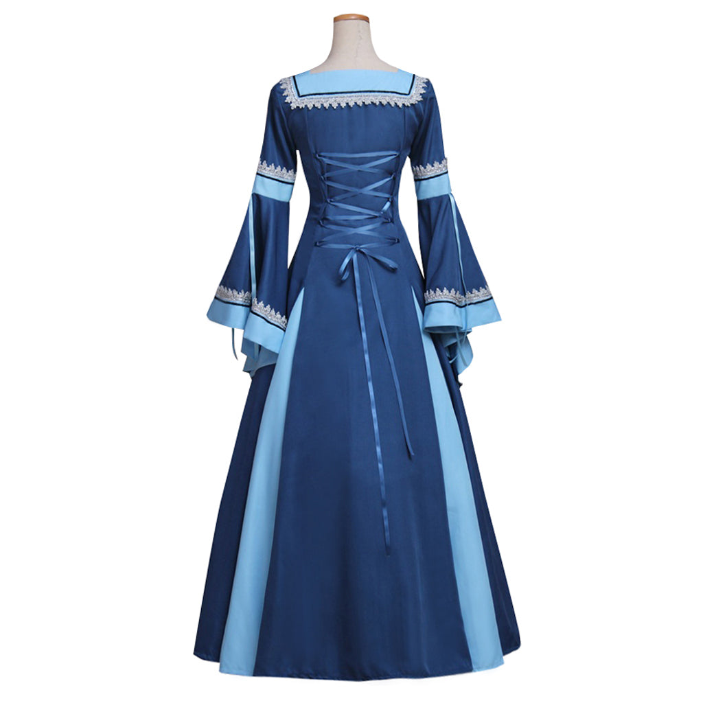 Medieval Vintage Regency Dress Square Neck Navy Blue Light Blue Gown Medieval Cosplay Costume Long Sleeve With Trim Renaissance Gown Women Cosplay Costume Adult Ladies Halloween Christmas Dress