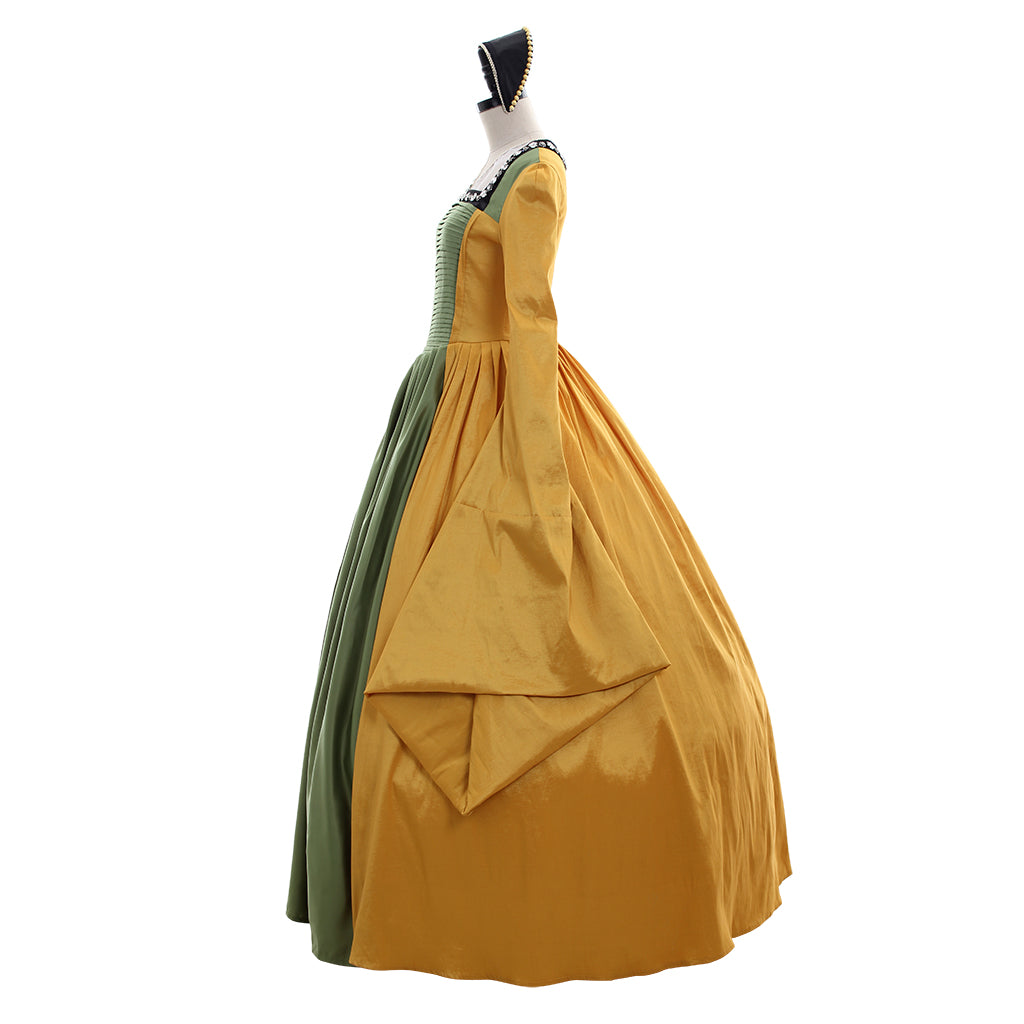Tudor Dynasty Medieval Court Dress Renaissance Inspired Gown Halloween Fancy Outfits Party Costume Prom Outfit Green Gold-Embroidered Square Neckline Puff Sleeve Women's Halloween Carnival Valentine's Day Masquerade Adults' Dress All