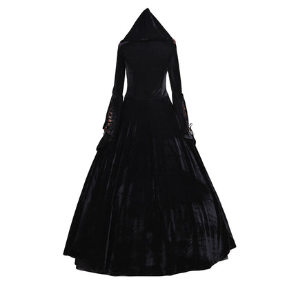 Medieval Women Renaissance Victorian Cosplay Costume Flared Long Sleeve Brown Trimmed Color Block Black Lace Up Gown Adult Ladies Halloween Christmas Dress