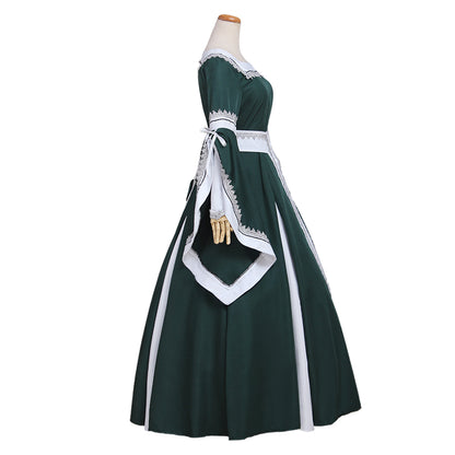 Medieval Women Renaissance Victorian Cosplay Costume Flared Long Sleeve White Trimmed Color Block Dark Green White Gown Adult Ladies Halloween Christmas Dress