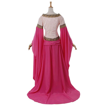 Medieval Women Renaissance Victorian Cosplay Costume Flared Long Sleeve Embroidered Waist Pink Top and Long Skirt Set Adult Ladies Halloween Christmas Dress