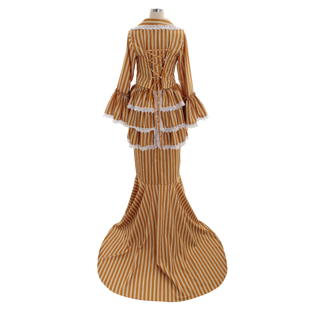 Victorian Gothic Vintage Inspired Dress Party Costume Prom Outfit Princess Shakespeare Yellow - Brown Striped Flared Cuff Women's Halloween Carnival Valentine's Day Party Evening Party Masquerade Adults' Dress All