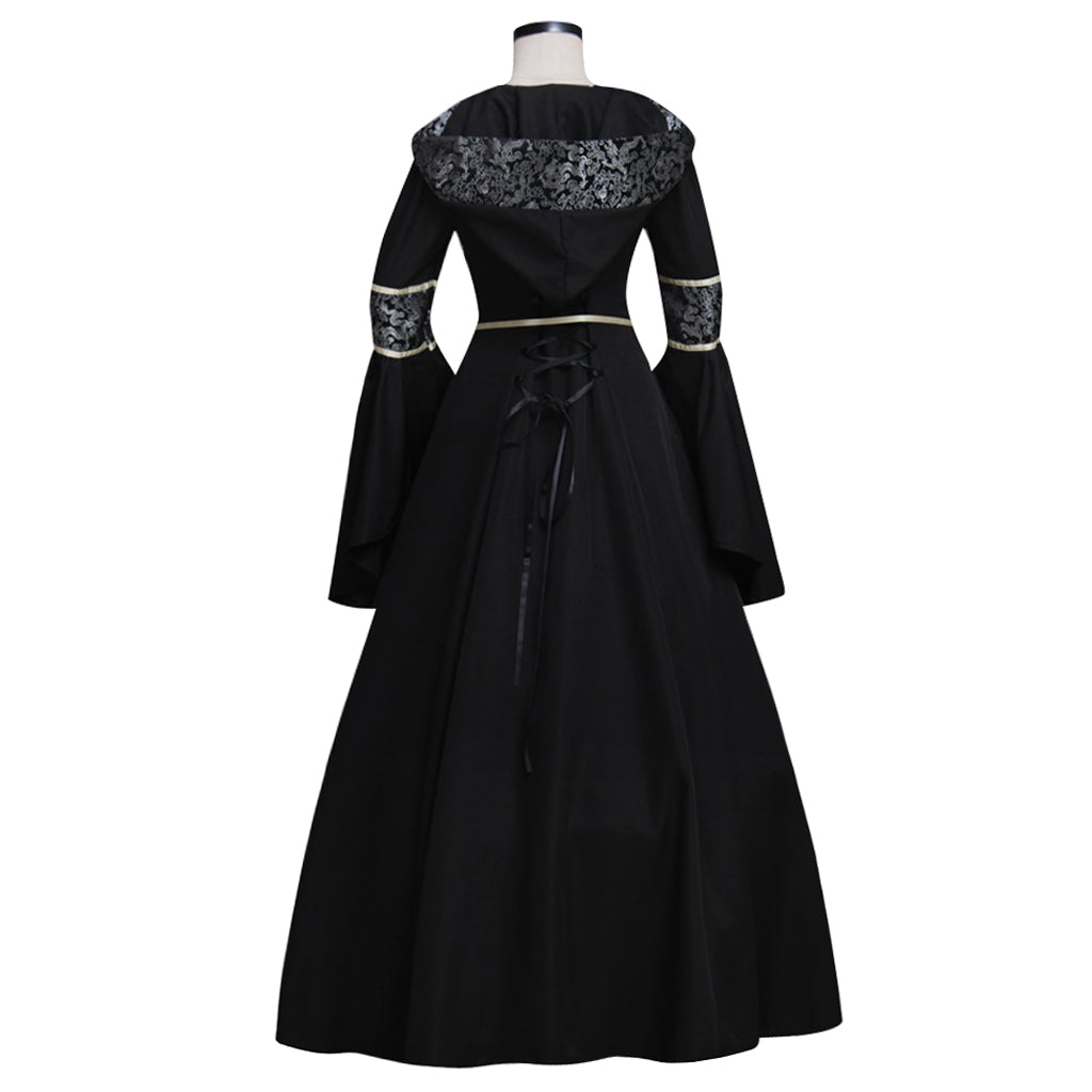 Medieval Gothic Queen Cosplay Costume  Vintage Regency Dress  Victorian Costume Square Neck Black Gown With Silver Pattern Trim Long Flared Sleeve Renaissance Cosplay Costume Adult Ladies Halloween Christmas Dress