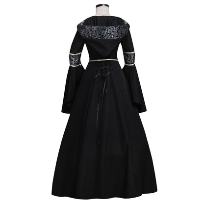 Medieval Gothic Queen Cosplay Costume  Vintage Regency Dress  Victorian Costume Square Neck Black Gown With Silver Pattern Trim Long Flared Sleeve Renaissance Cosplay Costume Adult Ladies Halloween Christmas Dress