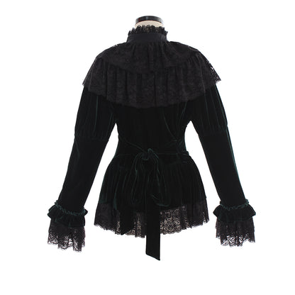 Gothic Victorian-Inspired Deep Green Velvet Blouse with Black Lace Ruffles, High Neck, and Bow Accent