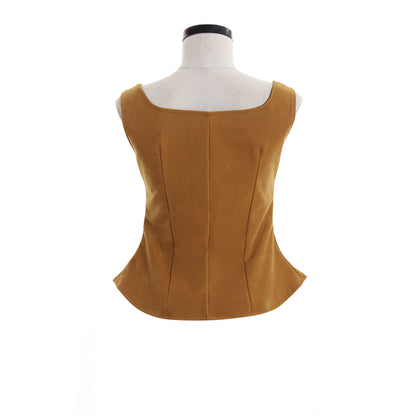 Medieval Renaissance Tan Faux Suede Lace Up Vest Square Neck Sleeveless Corset Top